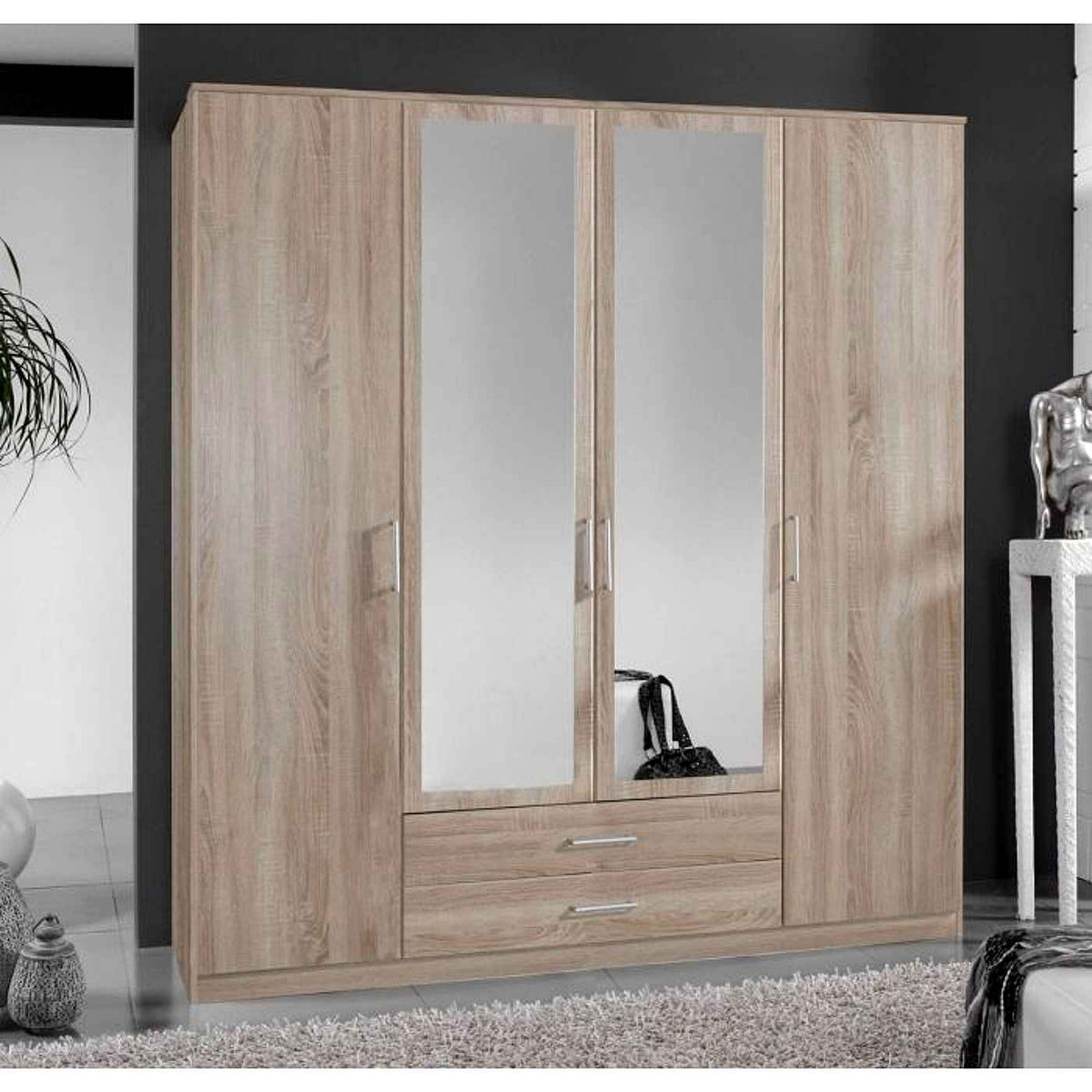 CHOICEWARDROBE 4 door oak finish wardrobe with mirrored central doors and drawers.