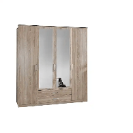 The CHOICEWARDROBE Okhra 4 Door Wardrobe, 180cm wide in oak finish, features two mirrored doors and a bottom-center drawer, offering stylish and modern bedroom storage with its simple light brown design.