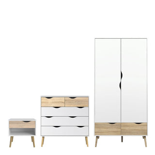 The CHOICEWARDROBE Okla 3 Piece Bedroom Furniture Set by Furniture in Fashion includes a 2-door wardrobe, a 4-drawer chest, and a bedside table in a white and oak Scandinavian minimalist design.