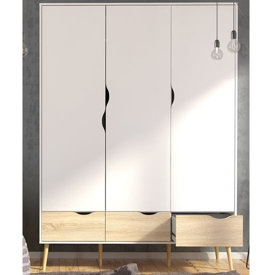 CHOICEWARDROBE Oklo 3-door white oak Scandinavian wardrobe with 3 drawers and modern legs.