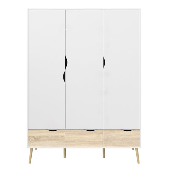 CHOICEWARDROBE Oklo 3 Door White Oak Wardrobe with Drawers & Modern Scandinavian Legs