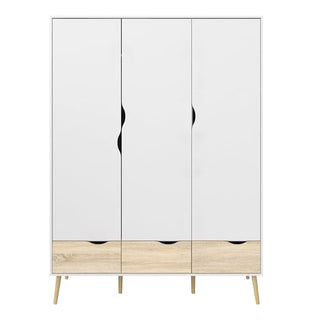 The CHOICEWARDROBE Oklo 3 Door Wardrobe features a white and oak finish, three drawers, modern legs, and Scandinavian design for practical bedroom storage with a stylish touch.
