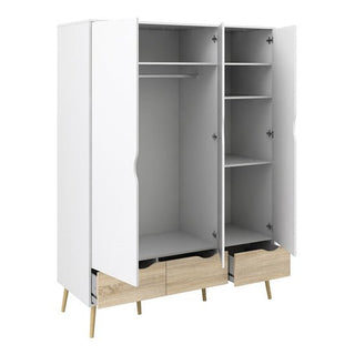 The CHOICEWARDROBE Oklo 3 Door Wardrobe in white & oak finish offers ample bedroom storage with a hanging rod, shelves, and three drawers. Its modern Scandinavian design features angled wooden legs for a stylish touch.