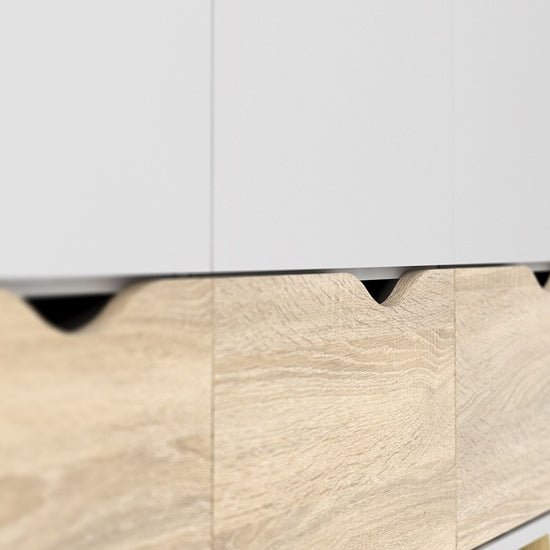 CHOICEWARDROBE Oklo 3 Door Wardrobe: White Oak Scandi storage with drawers and wooden legs.