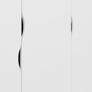 A close-up of the CHOICEWARDROBE Oklo 3 Door Wardrobe in white & oak finish, featuring wave-like handle cutouts. The Scandinavian design with 3 drawers and modern legs stands out against a plain background.