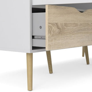 A close-up of the CHOICEWARDROBE Oklo 3 Door Wardrobe in white & oak finish, featuring modern Scandinavian design, wood-textured drawers, and sleek legs—perfect for stylish bedroom storage.