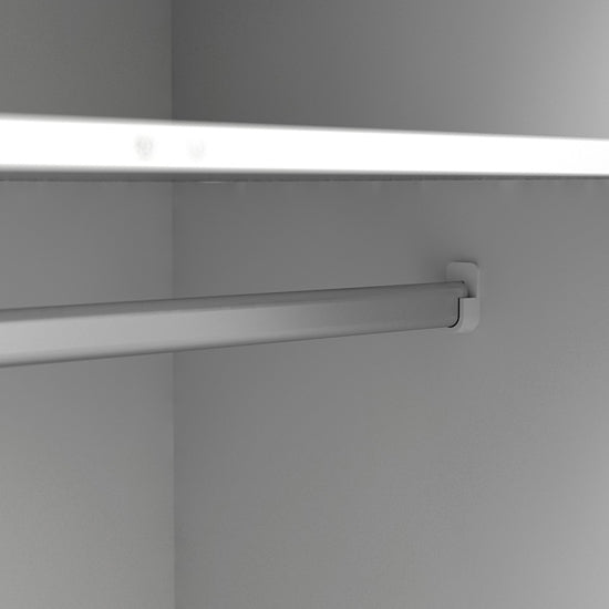 Interior view of CHOICEWARDROBE Oklo 3 door wardrobe, white oak Scandinavian style, features hanging rail & shelf.