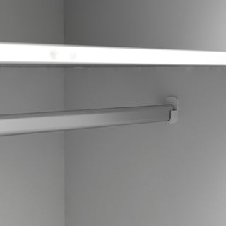 A close-up of the CHOICEWARDROBE Oklo 3 Door Wardrobe shows a white interior with a metal hanging rod and shelf, offering practical storage in a modern Scandinavian design with oak finish, 3 drawers, and stylish legs. Plain background.