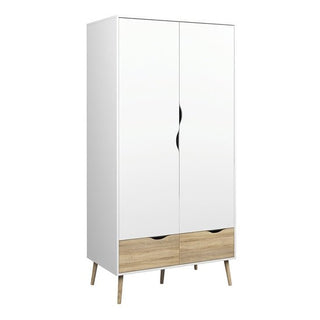 The CHOICEWARDROBE Oklo Scandinavian Wooden Wardrobe features 2 doors, 2 oak-textured drawers, a modern minimalist white and oak finish, cut-out handles, and tapered wooden legs (80cm width).
