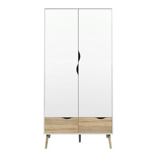 The CHOICEWARDROBE Oklo is a tall, Scandinavian wooden wardrobe with 2 white doors and 2 oak drawers, featuring a modern minimalist design and tapered legs (80cm wide).