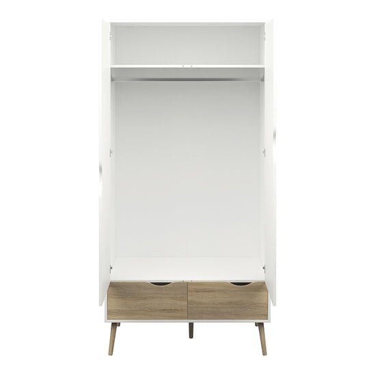 CHOICEWARDROBE Oklo 2 door wardrobe with 2 oak drawers, white finish, hanging rail and tapered legs.