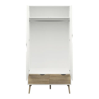 The CHOICEWARDROBE Oklo Scandinavian Wooden Wardrobe features 2 doors, 2 oak drawers with cutout handles, a top shelf, hanging space, and stands on tapered legs. Finished in white and oak for a modern minimalist look (80cm wide).