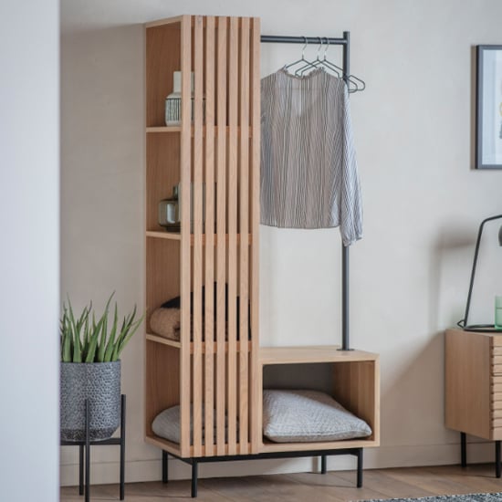 CHOICEWARDROBE Okonma natural oak slatted open wardrobe with shelves and hanging rail.
