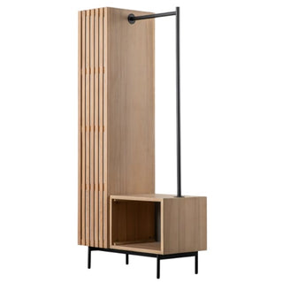 The CHOICEWARDROBE Okonma Wooden Open Wardrobe features a natural oak slatted design, shelves, and a hanging rail—a modern storage unit for hallways or bedrooms with sturdy black metal legs for an elegant look.