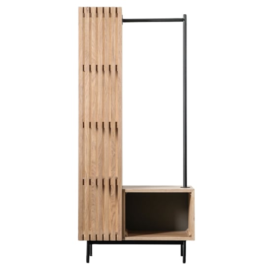 Natural oak slatted open wardrobe with shelves and black hanging rail.