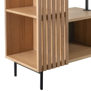 A close-up of the CHOICEWARDROBE Okonma Wooden Open Wardrobe, featuring a natural oak slatted design, black metal legs, open shelves, and a hanging rail—ideal as a modern hallway or bedroom storage unit.