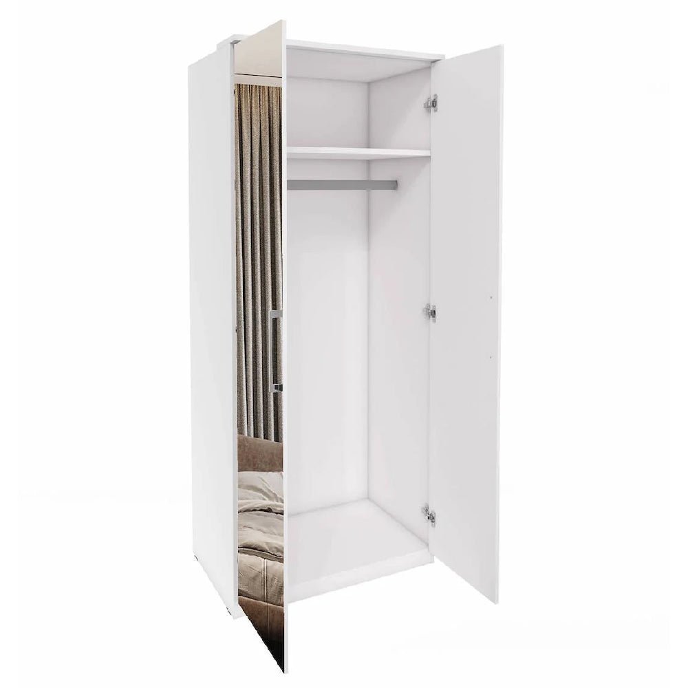 CHOICEWARDROBE Olathe 2-door white wardrobe with mirrored doors and interior shelf.