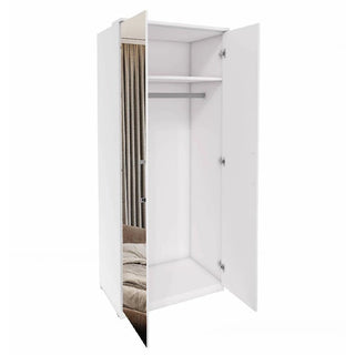 The CHOICEWARDROBE Olathe 2 Door Mirrored Wardrobe in white finish features a shelf and hanging rod, perfect for small bedroom storage. Its full-length mirror reflects the bed, curtains, and window. Space-saving design; width: 90cm.