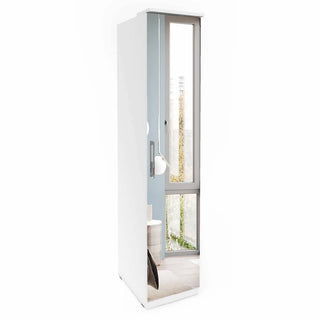The CHOICEWARDROBE Olathe Slim 45cm Mirrored Wardrobe in white features a single mirrored door and shelves, offering stylish, space-saving storage for modern bedrooms while reflecting light and decor for a spacious feel.
