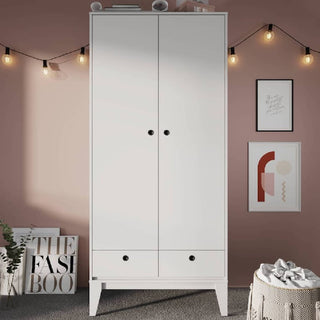 ChoiceWardrobe Olsen White Wooden 2 Door Wardrobe with Drawers styled in minimalist modern bedroom setting
