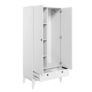 Interior of ChoiceWardrobe Olsen White 2 Door Wardrobe showing hanging rail, shelving, and lower drawers for storage