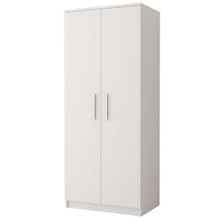 The CHOICEWARDROBE Orlan 2 Door Wardrobe, 80cm wide with an all white finish and compact hinged design, features silver vertical handles and stands on a flat base, perfect for contemporary minimalist spaces.