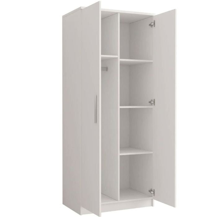 CHOICEWARDROBE Orlan 2 door hinged wardrobe with grey frame and white doors, interior showing hanging rail and shelves.