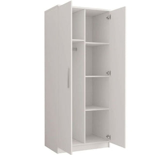 Interior view showing hanging rail and storage shelves inside oak and white 2 door wardrobe.