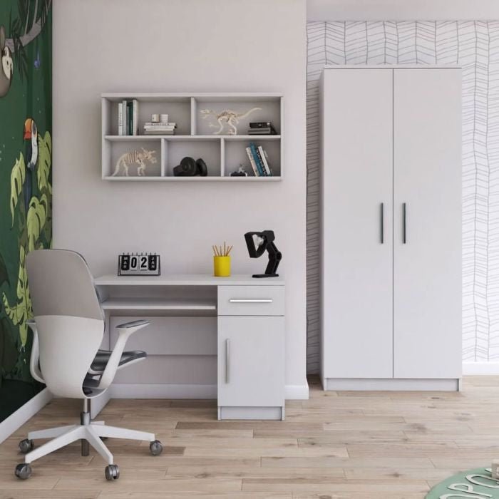 White 2 door wardrobe in a modern bedroom setting beside a white desk and chair.