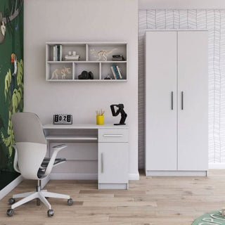 Oak and white 2 door wardrobe styled in a modern bedroom interior beside a white desk and decor.