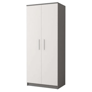 The CHOICEWARDROBE Orlan 2 Door Wardrobe features a grey frame with white doors, two vertical silver handles, and a compact hinged design. At 80cm wide, it's ideal for modern bedrooms and contemporary spaces.