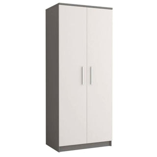 The CHOICEWARDROBE Orlan 2 Door Wardrobe features a grey frame with white doors, vertical silver handles, and a compact hinged design—perfect for modern bedrooms. At 80cm wide, it offers stylish storage on a sturdy flat base.