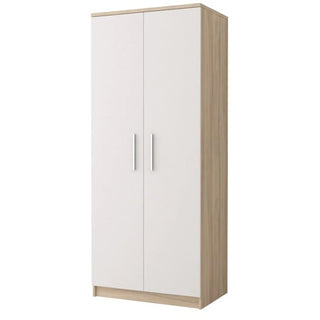 Side view of oak and white 2 door wardrobe showing light oak frame and matte white door panels.