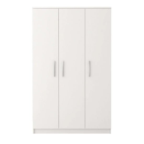 White 3-door hinged wardrobe with minimalist handles and matt finish