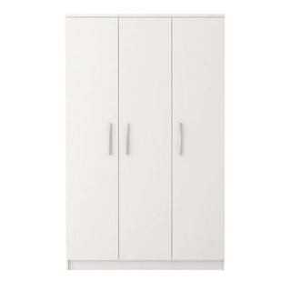 The CHOICEWARDROBE Orlan 3 Door Wardrobe features a matt white finish, simple vertical handles, and spacious storage with hanging rail and shelving. Perfect for UK bedrooms. Set against a plain white background.