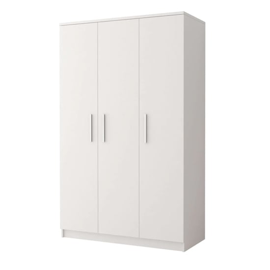 Matt white 3-door hinged wardrobe with silver bar handles and flat top.