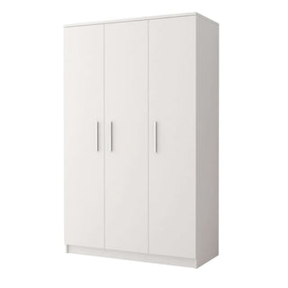The CHOICEWARDROBE Orlan 3 Door Wardrobe in matt white features spacious hinged storage with a hanging rail and shelving, simple silver handles, and a flat top, ideal for UK bedroom furniture.