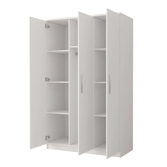 White 3-door wardrobe open, showing shelves and hanging rail