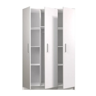The CHOICEWARDROBE Orlan 3 Door Wardrobe in matt white features silver handles, two slightly open doors showing shelves and a hanging rail, and stands on a flat base—a stylish UK bedroom storage solution.
