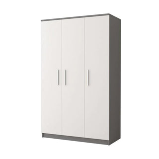 The CHOICEWARDROBE Orlan 3 Door Wardrobe in matt white with a grey frame offers spacious storage with shelves and a hanging rail, combining modern style and functionality—perfect for stylish bedroom organization.