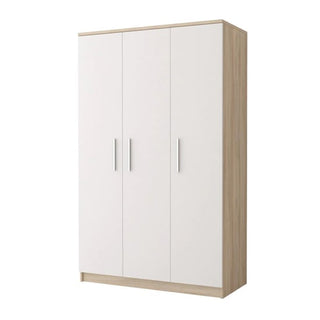 Elegant 3-door wardrobe in matte white with natural oak sides, blending Scandinavian warmth with modern minimalism — ideal for bright bedrooms.
