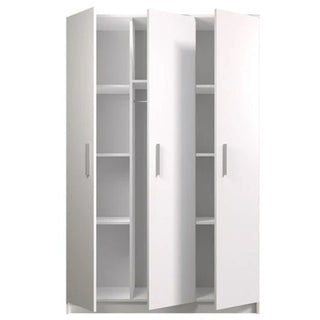 Contemporary hinged wardrobe in white and oak, shown open to reveal smart interior compartments — a clean, modern furniture design.