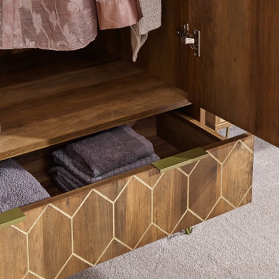Orlana mango wood effect wardrobe base drawer with brass handle and gold geometric detailing