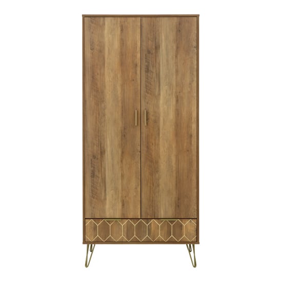 CHOICEWARDROBE Orlana 2 door mango wood effect wardrobe with brass hairpin legs and geometric detailing.
