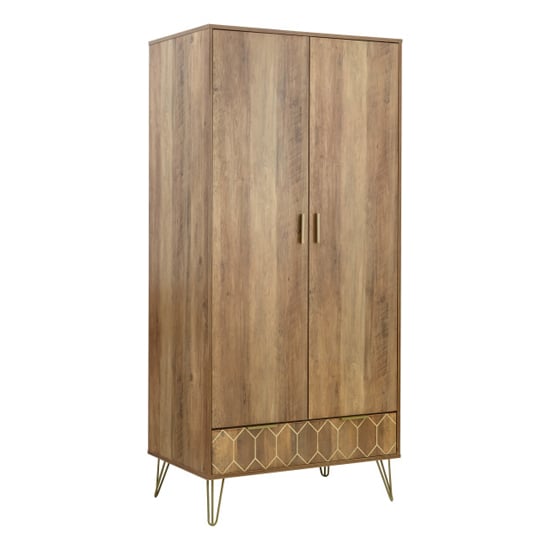 CHOICEWARDROBE Orlana two-door wardrobe in mango wood effect with brass hairpin legs and geometric detailing.