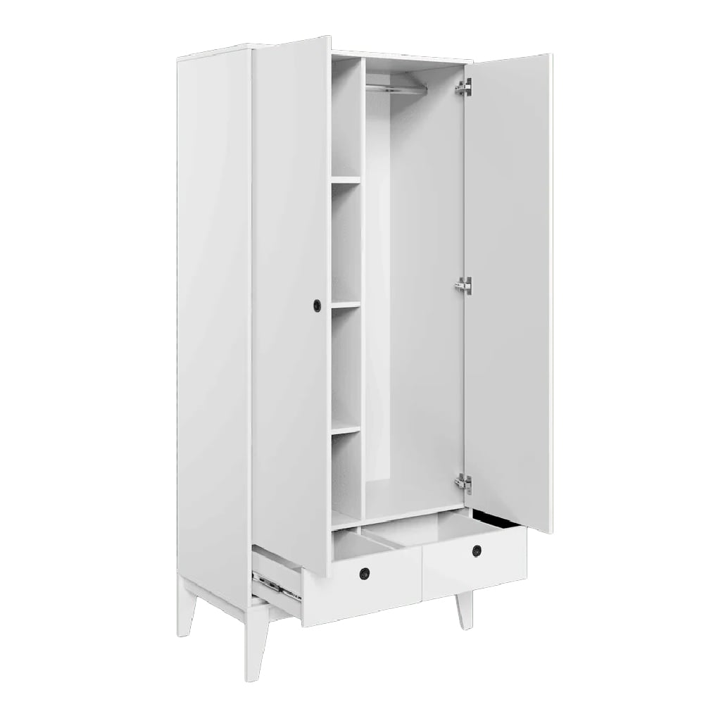 White 2-door wardrobe with visible hanging rail, shelves, and two lower drawers.
