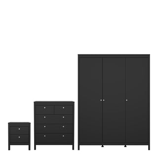 The CHOICEWARDROBE Oslo 3 Piece Bedroom Furniture Set in black includes a bedside table, a six-drawer chest, and a spacious 3-door wardrobe—all with stylish round silver knobs.