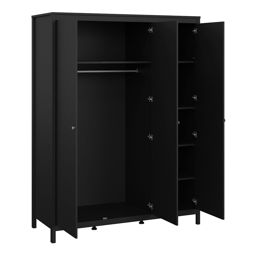 Black 3-door wardrobe with hanging and shelf storage from the Oslo Bedroom Furniture Set.