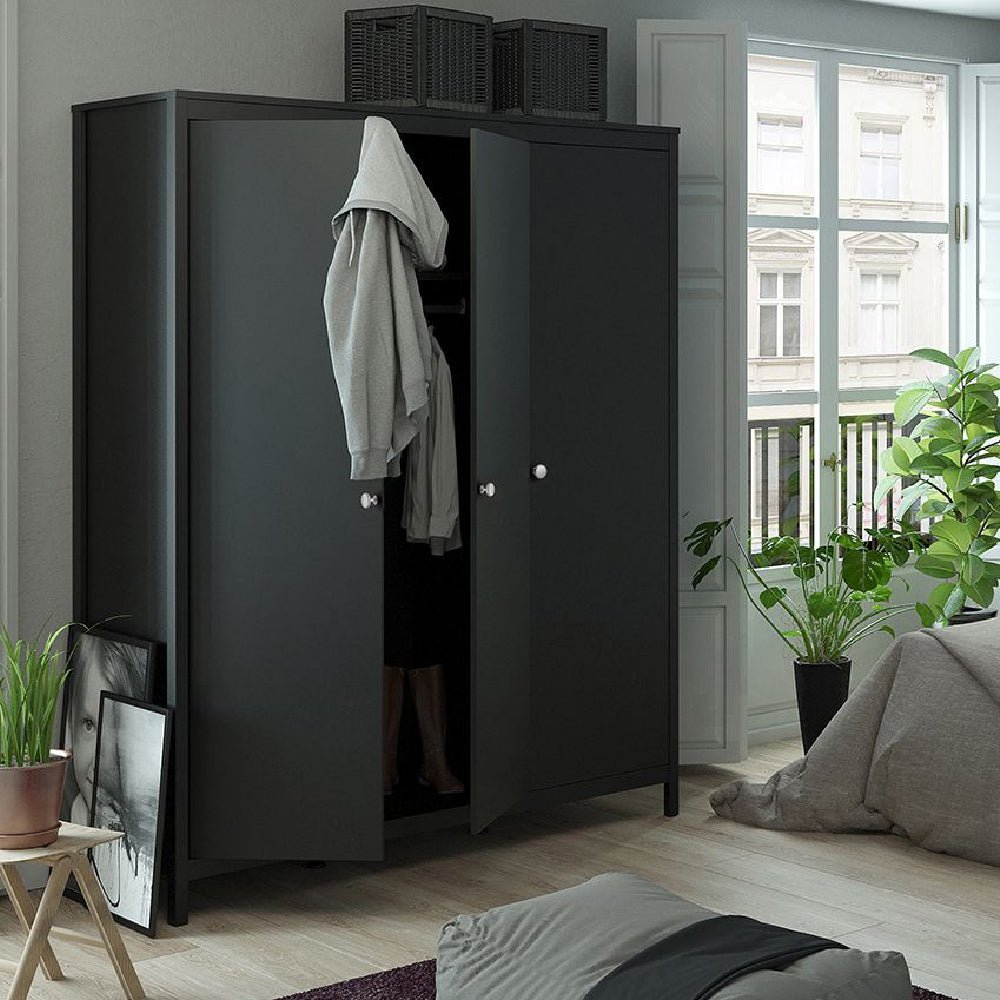 CHOICEWARDROBE Oslo black 3-door wardrobe, modern bedroom furniture set with open doors.