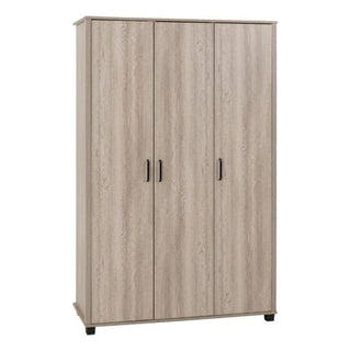 The CHOICEWARDROBE Oxnard 3 Door Wardrobe in light oak features black handles, small black feet, and a modern design with hanging rail and shelves—perfect for stylish bedroom storage.